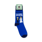 Close-up of 'Game Over' wedding socks still on the retail packaging.