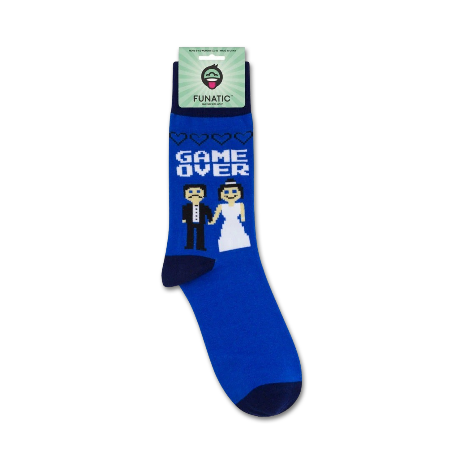 Close-up of 'Game Over' wedding socks still on the retail packaging.