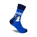 Blue crew socks with a pixelated bride, groom, and 'Game Over' graphic.  Navy blue cuffs.