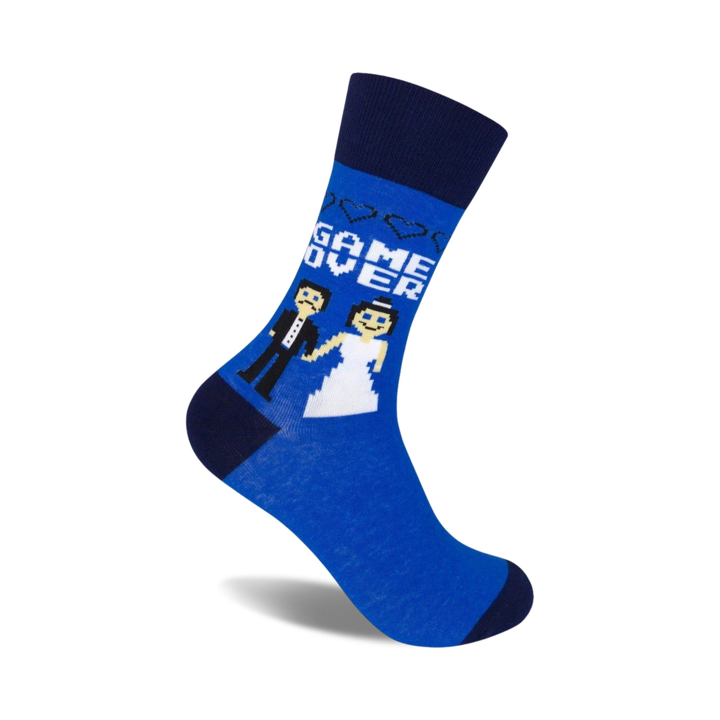 Blue crew socks with a pixelated bride, groom, and 'Game Over' graphic.  Navy blue cuffs.