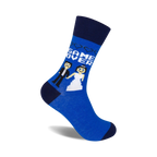 Blue crew socks with a pixelated bride, groom, and 'Game Over' graphic.  Navy blue cuffs.
