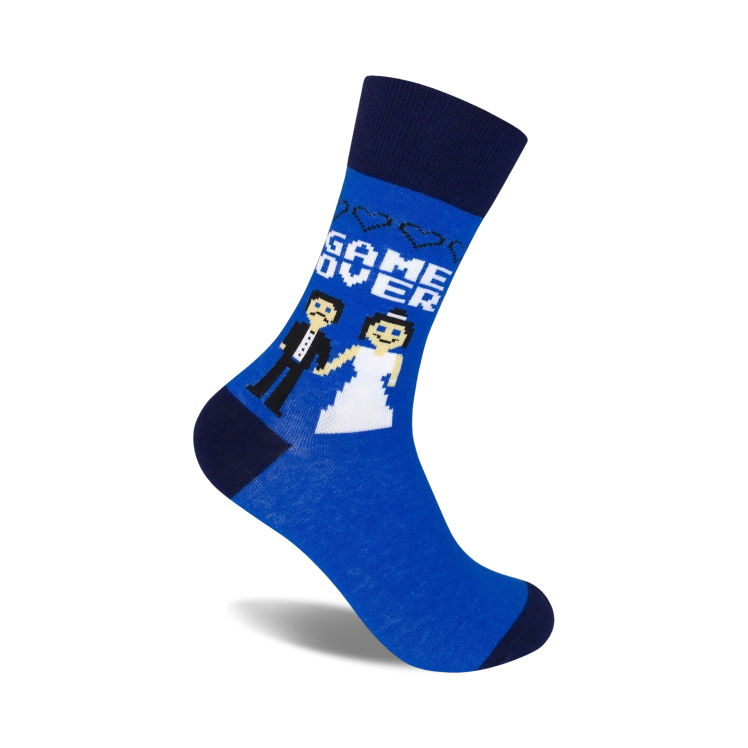 Blue crew socks with a pixelated bride, groom, and 'Game Over' graphic.  Navy blue cuffs.