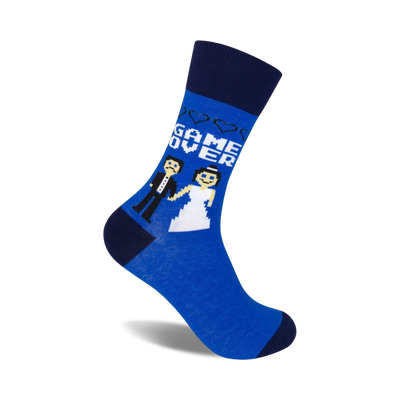 blue crew socks with black "game over" and hearts graphic on one sock and bride and groom image on the other.   