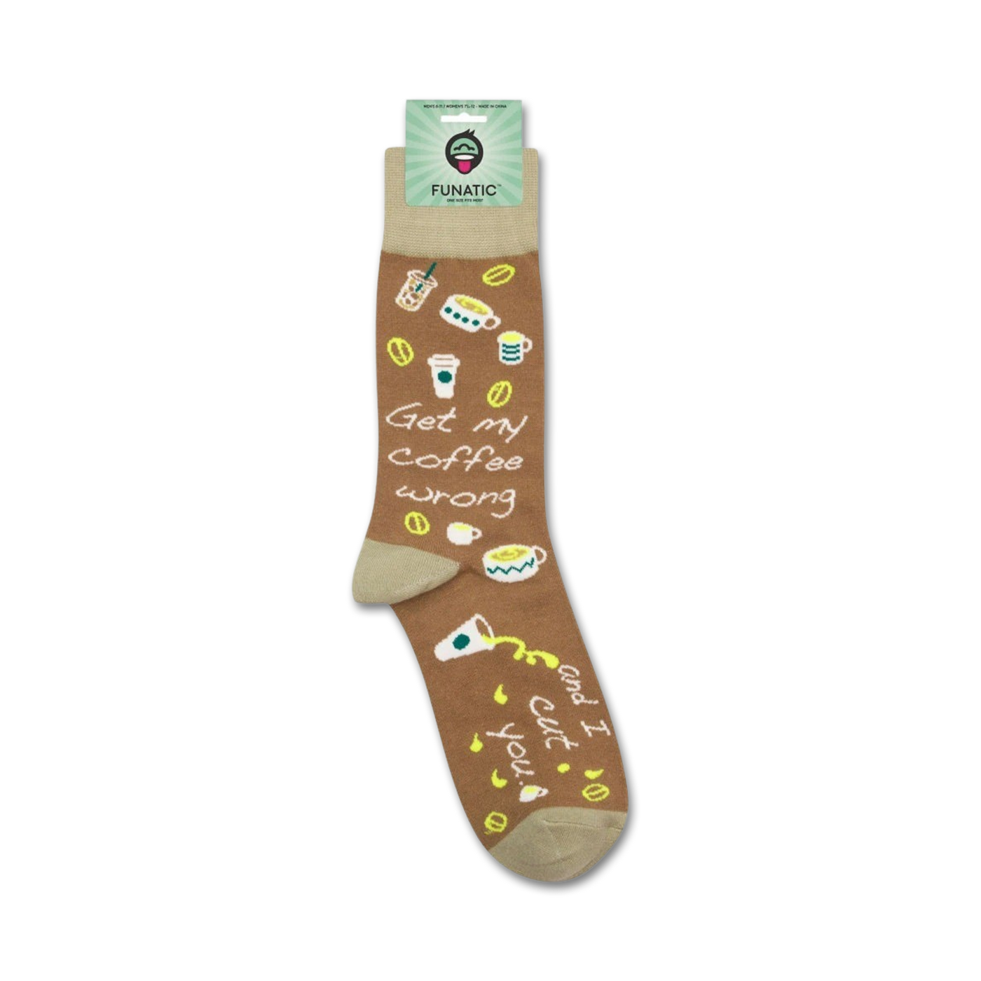 A lifestyle shot showing the socks on a person's feet. The socks have a light brown base with coffee-themed illustrations and text.