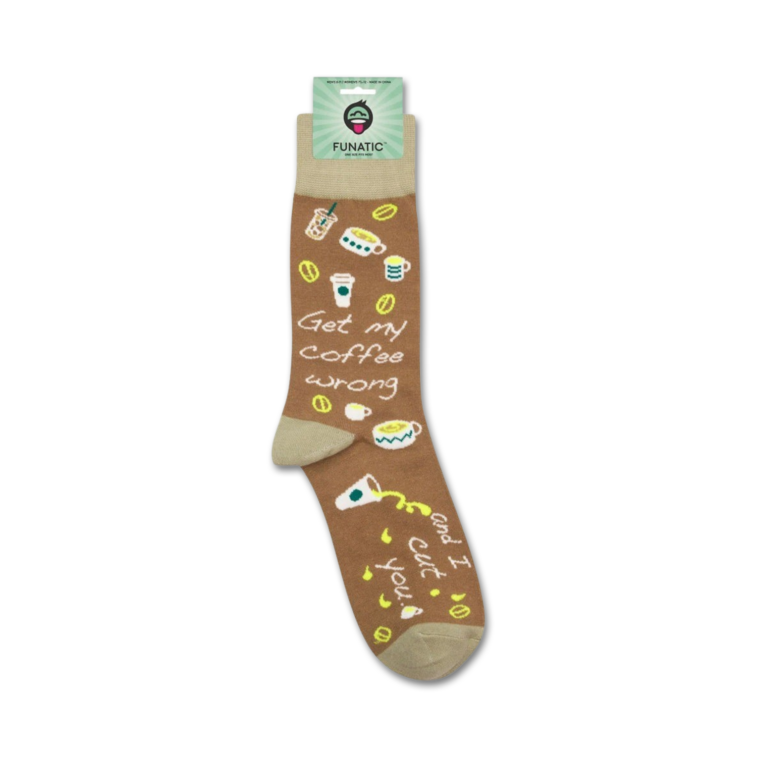 A lifestyle shot showing the socks on a person's feet. The socks have a light brown base with coffee-themed illustrations and text.