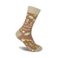 Crew socks in light brown with a playful design.  Features coffee cups, coffee beans, and the text 'Get My Coffee Wrong And I Cut You'.