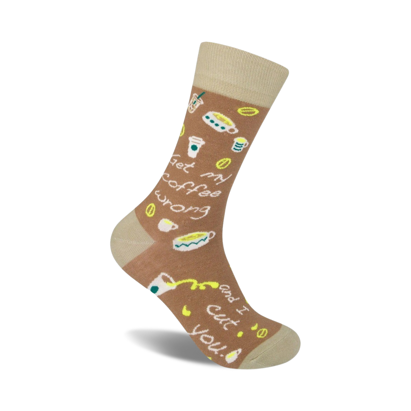 Crew socks in light brown with a playful design.  Features coffee cups, coffee beans, and the text 'Get My Coffee Wrong And I Cut You'.