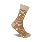 Crew socks in light brown with a playful design.  Features coffee cups, coffee beans, and the text 'Get My Coffee Wrong And I Cut You'.