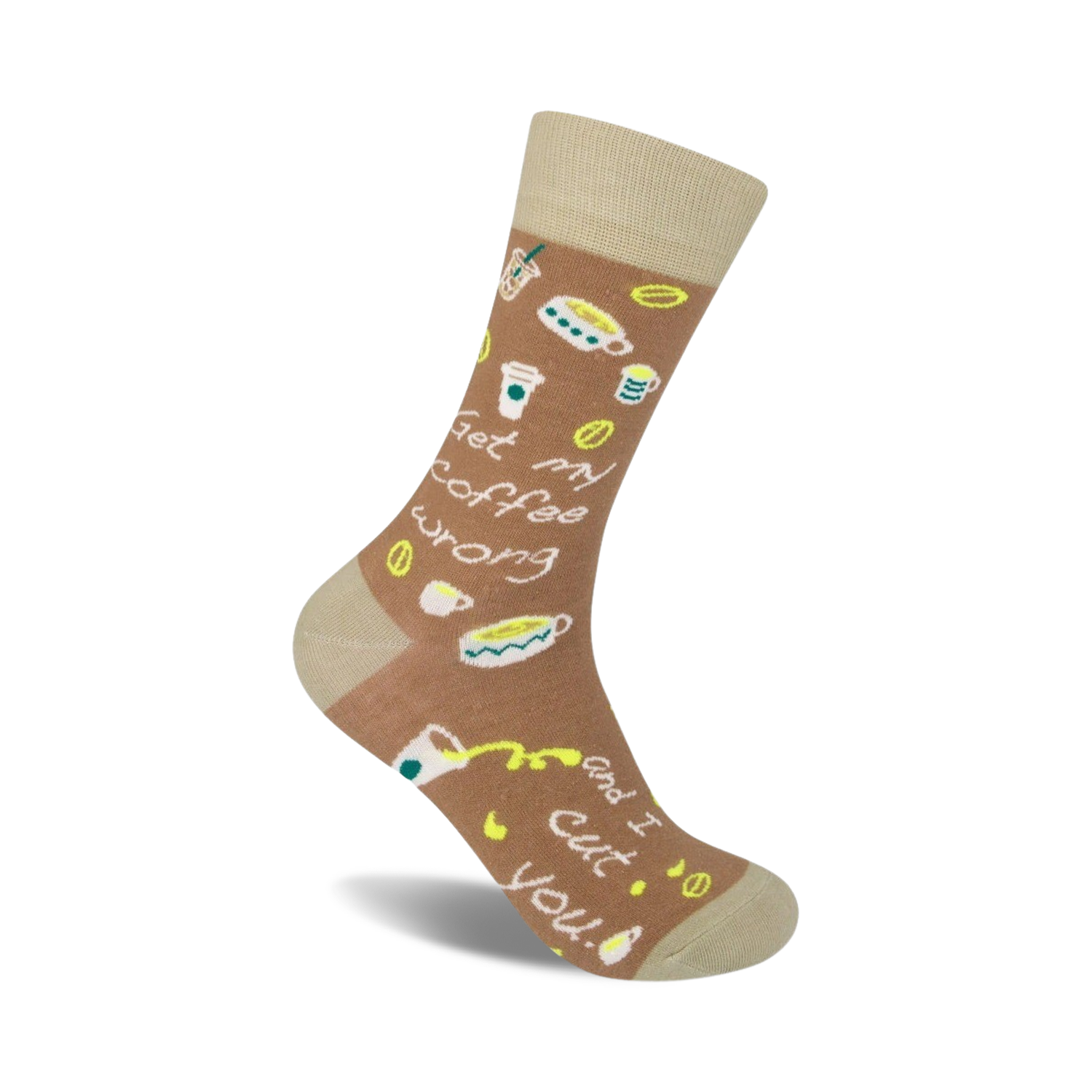 Crew socks in light brown with a playful design.  Features coffee cups, coffee beans, and the text 'Get My Coffee Wrong And I Cut You'.