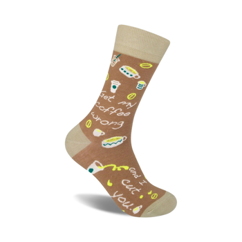 crew length coffee socks with funny coffee puns in brown.  