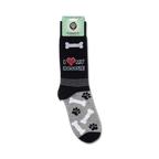A close-up of the 'I Love My Rescue' socks on their packaging.