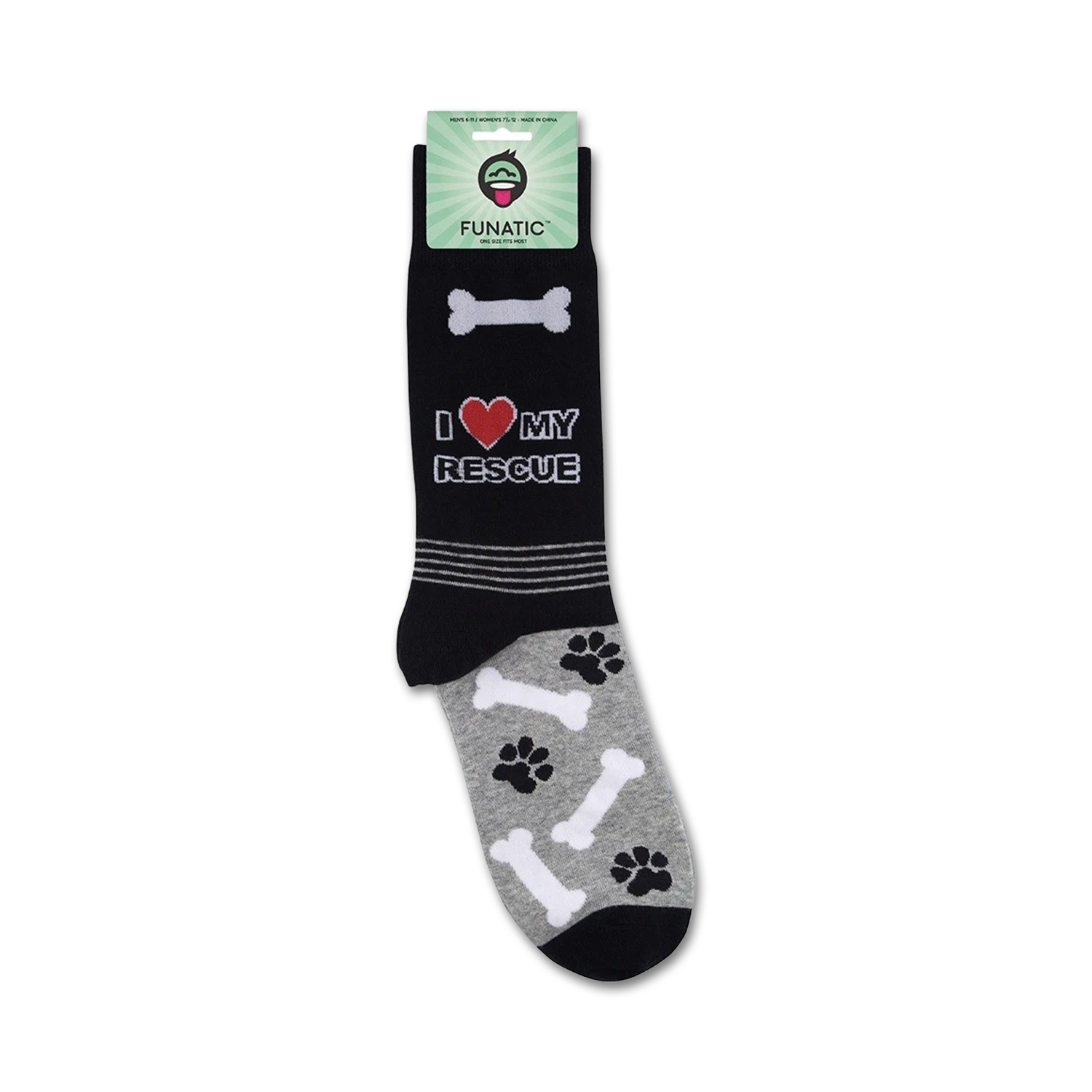 A close-up of the 'I Love My Rescue' socks on their packaging.