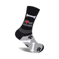 Black crew socks with a grey cuff.  Design includes 'I love my rescue', paw prints, and bone graphics.