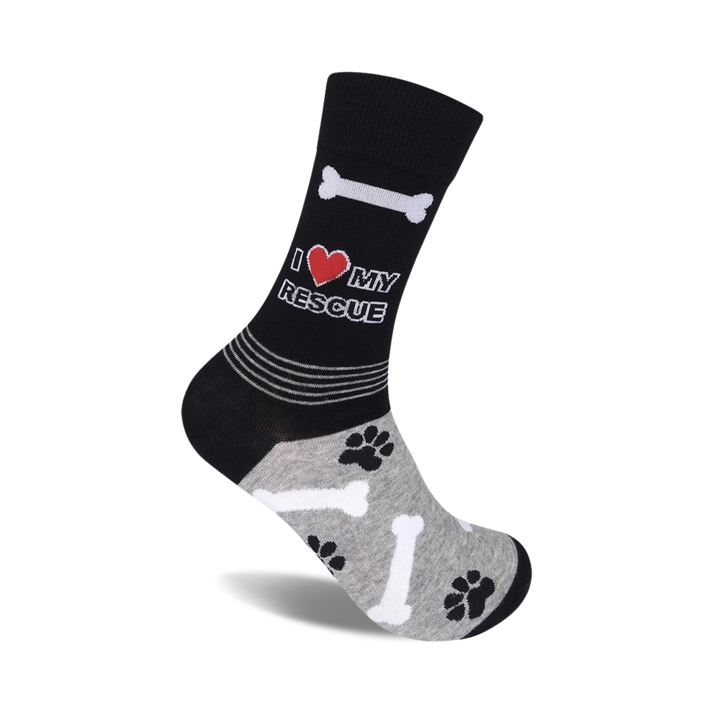 Black crew socks with a grey cuff.  Design includes 'I love my rescue', paw prints, and bone graphics.