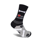 Black crew socks with a grey cuff.  Design includes 'I love my rescue', paw prints, and bone graphics.