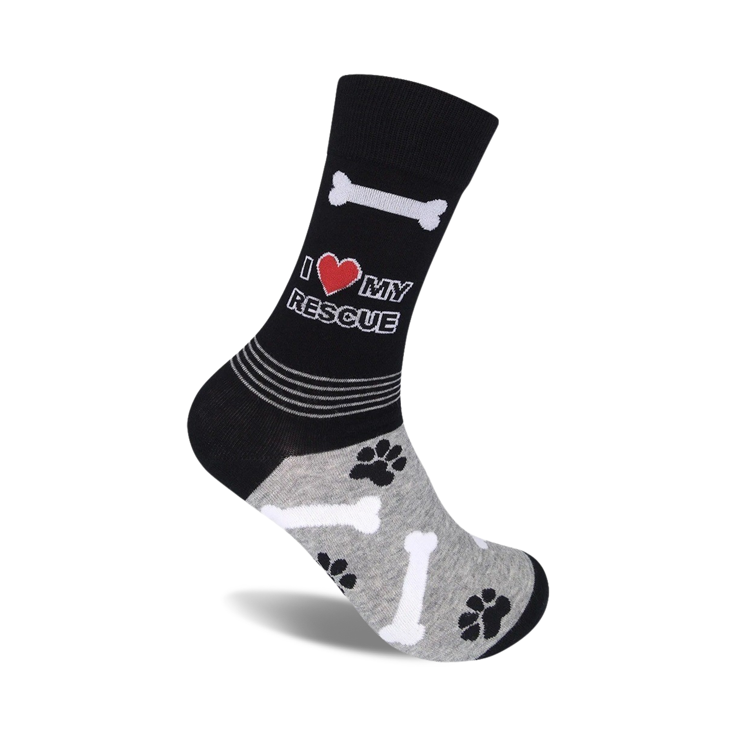 Black crew socks with a grey cuff.  Design includes 'I love my rescue', paw prints, and bone graphics.