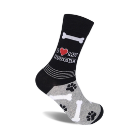 black crew socks with 'i heart my rescue' and paw prints.  