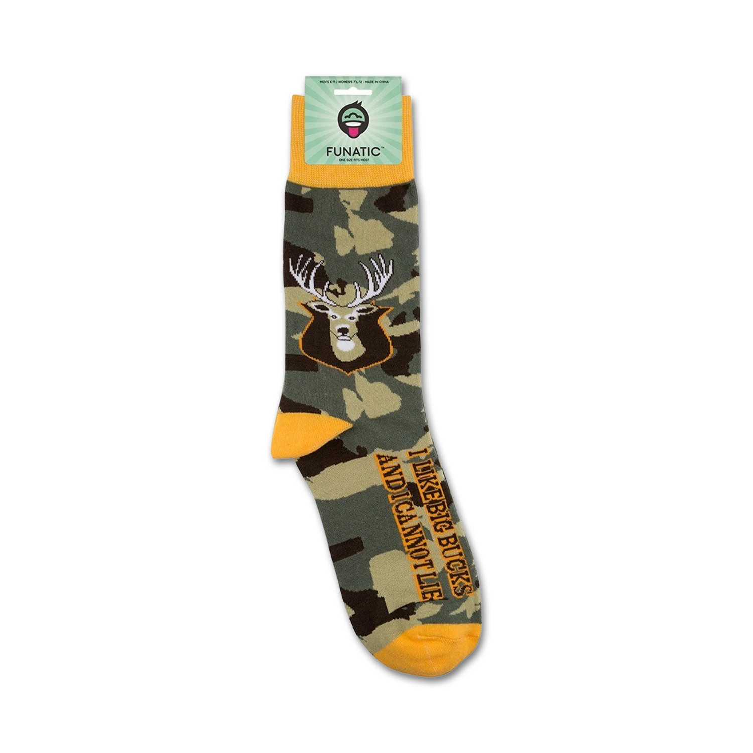 Package shot of 'I Like Big Bucks' socks, showing the socks folded on a card.