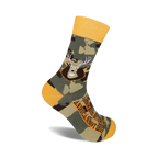 Crew socks in camo green and gold with a deer face graphic and the text 'I LIKE BIG BUCKS AND I CANNOT LIE'.