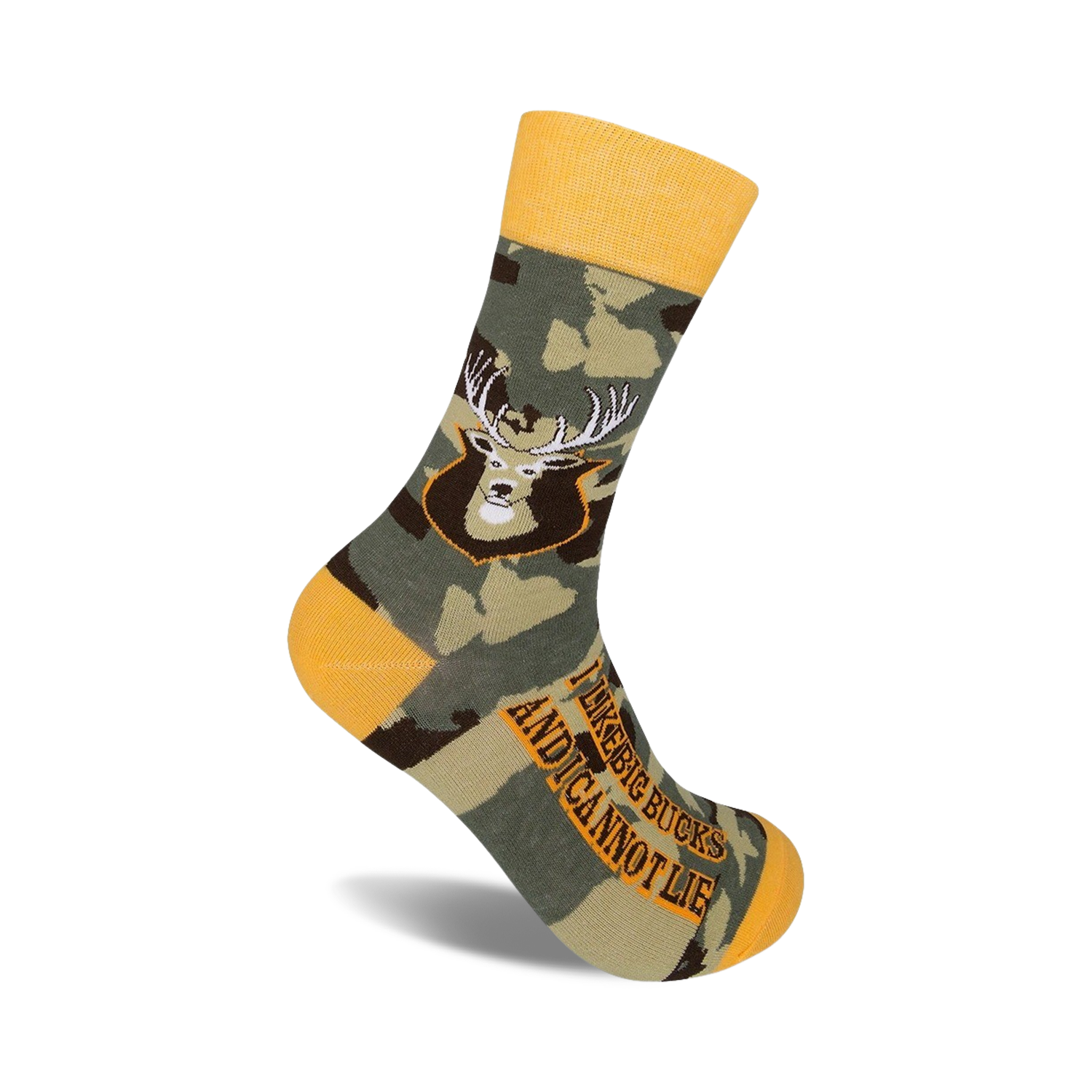 Crew socks in camo green and gold with a deer face graphic and the text 'I LIKE BIG BUCKS AND I CANNOT LIE'.
