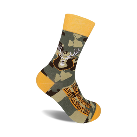 green and brown camouflage crew socks with deer head graphic and "i like big bucks and i cannot lie" written on bottom.  