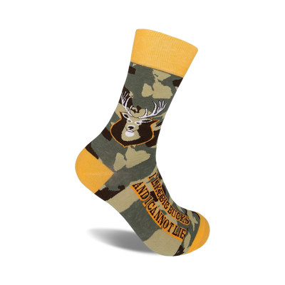 green and brown camouflage crew socks with deer head graphic and "i like big bucks and i cannot lie" written on bottom.  