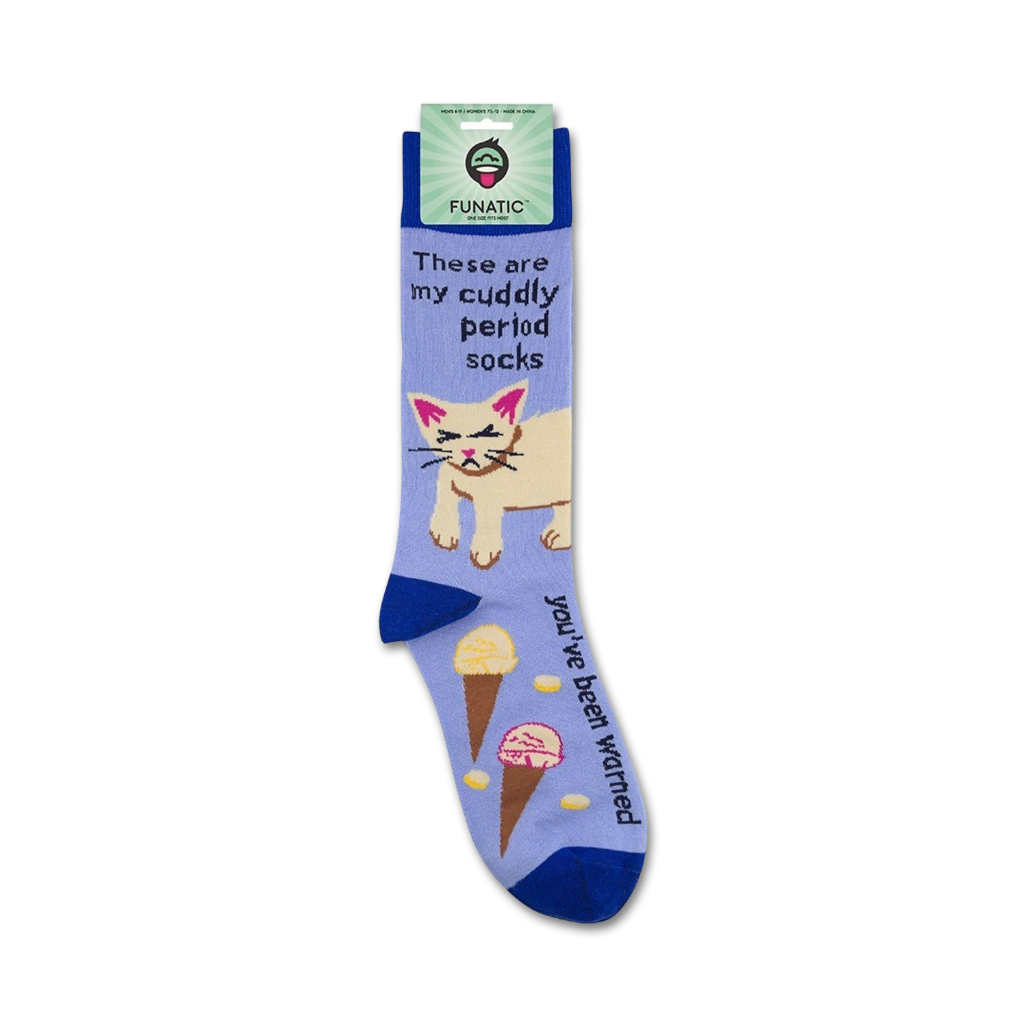 Product shot of 'Cuddly Period' socks on a retail packaging card.