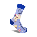 Crew socks in blue and lavender featuring a grumpy cat graphic and the text 'These are my cuddly period socks. You've been warned.'