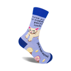 Crew socks in blue and lavender featuring a grumpy cat graphic and the text 'These are my cuddly period socks. You've been warned.'