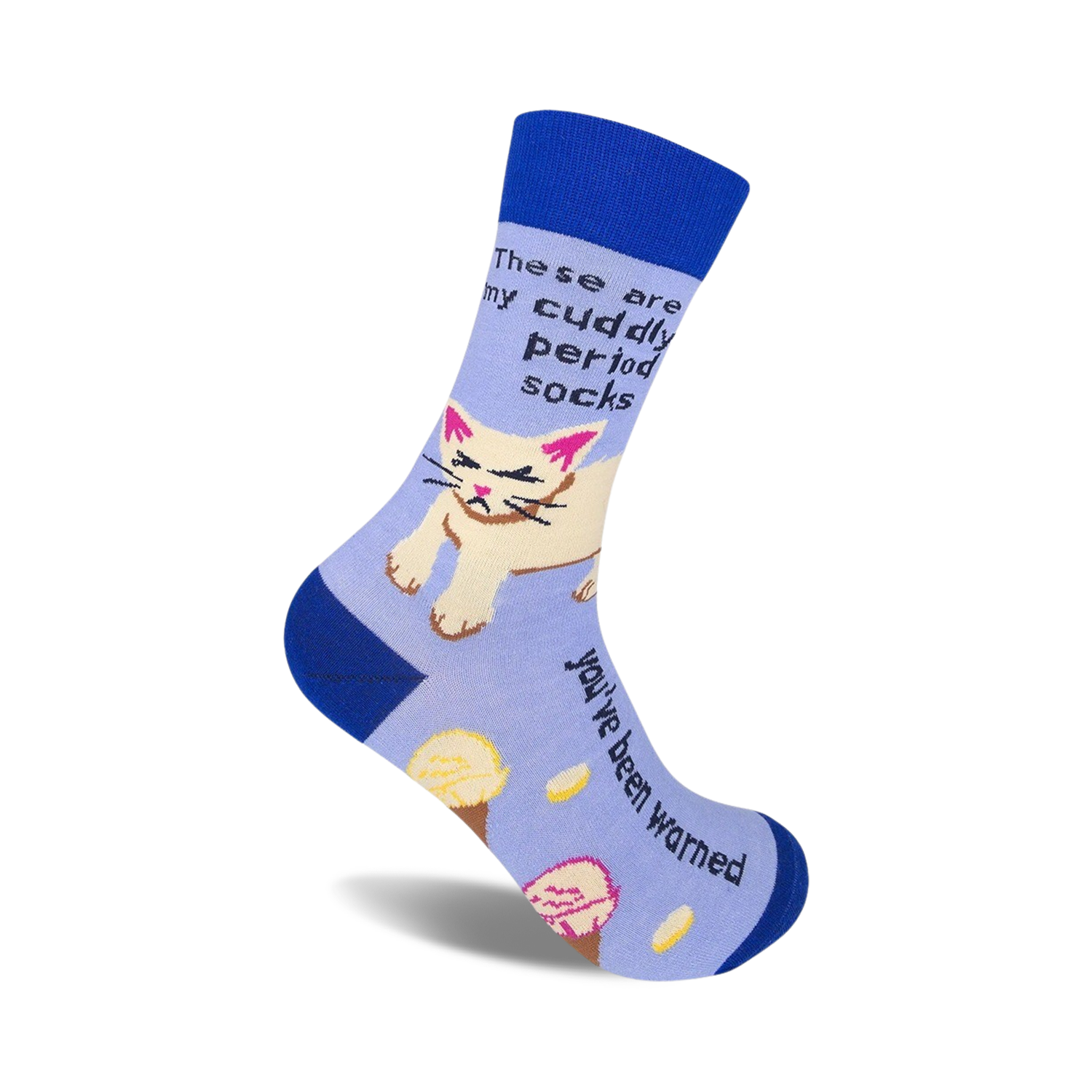 Crew socks in blue and lavender featuring a grumpy cat graphic and the text 'These are my cuddly period socks. You've been warned.'