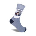 Crew socks in grey with navy blue cuffs. Design features a cartoon philosopher in a thought bubble saying 'I fart therefore I am'.