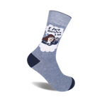 Crew socks in grey with navy blue cuffs. Design features a cartoon philosopher in a thought bubble saying 'I fart therefore I am'.