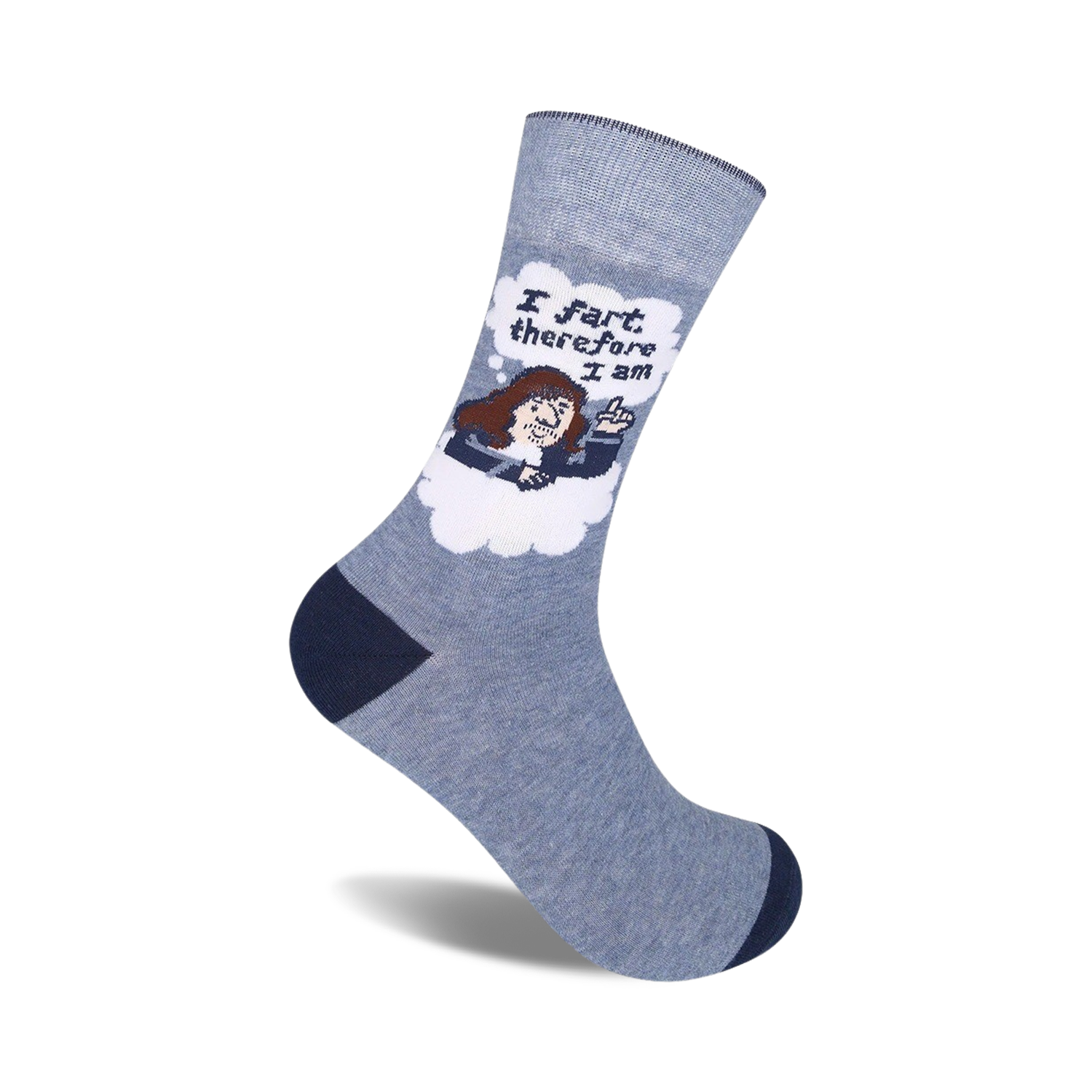 Crew socks in grey with navy blue cuffs. Design features a cartoon philosopher in a thought bubble saying 'I fart therefore I am'.
