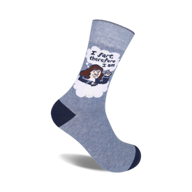 blue crew socks feature a businessman holding his nose below a fart cloud and the words "i fart therefore i am,".  