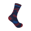 Navy blue crew socks with maroon 'Asshole' stamps and blue accents.  Features a red and blue striped cuff.