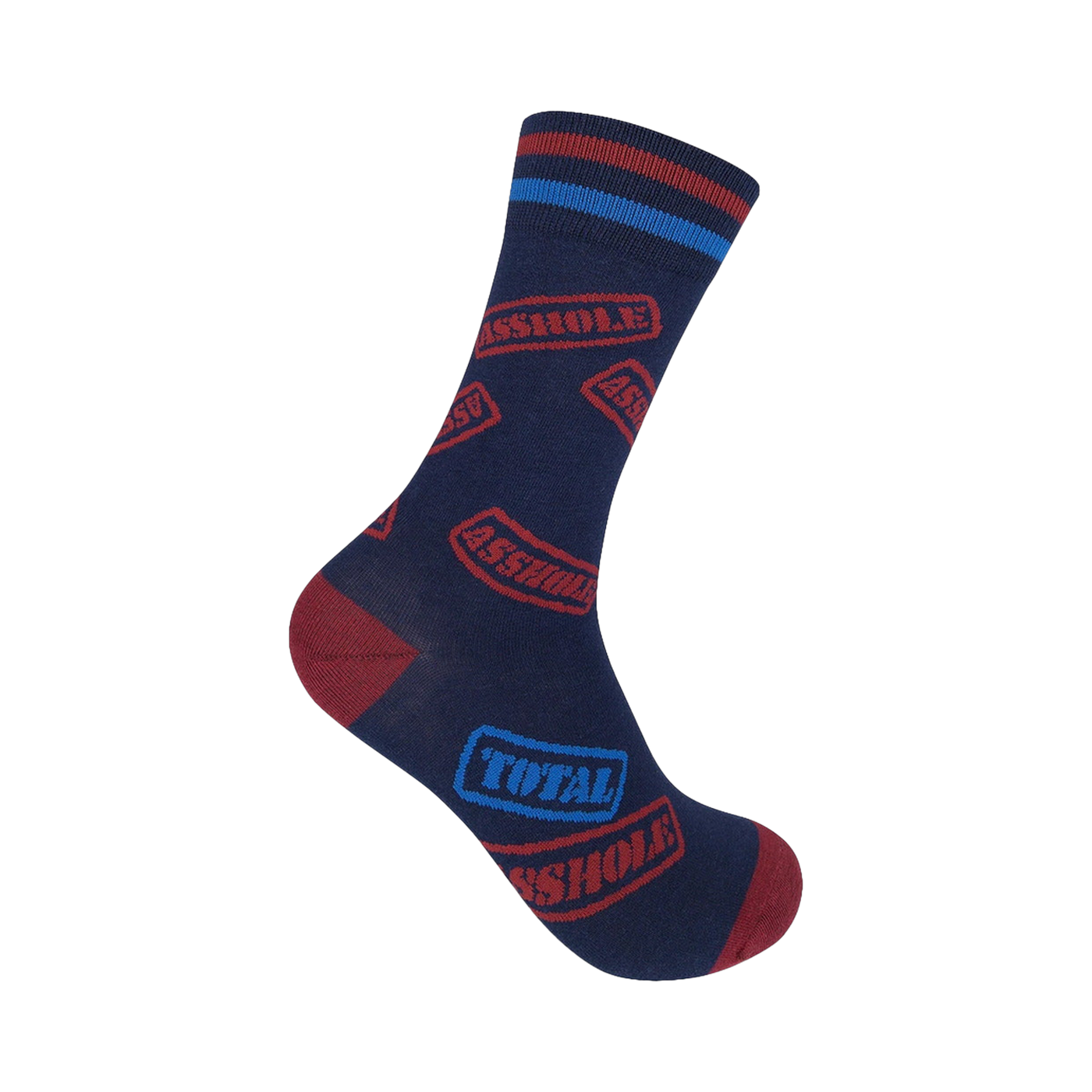 Navy blue crew socks with maroon 'Asshole' stamps and blue accents.  Features a red and blue striped cuff.