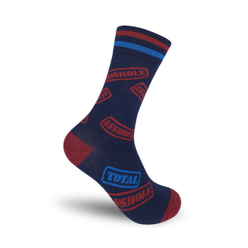 mens crew socks with red '{asshole}' and blue '{total asshole}' labels on a dark blue background   