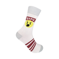 White crew socks with maroon stripes and a graphic design featuring a yellow angry face and 'STFU' in a red banner.