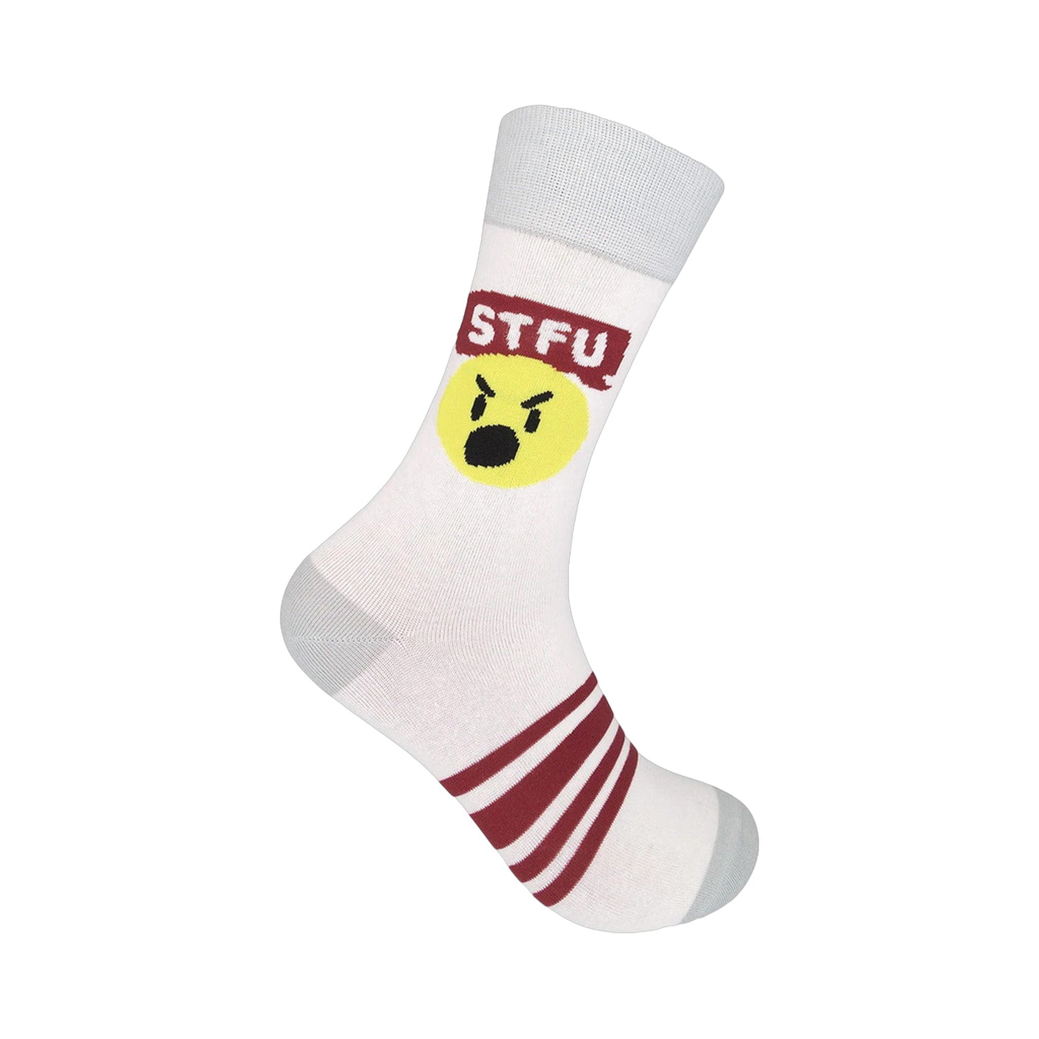 White crew socks with maroon stripes and a graphic design featuring a yellow angry face and 'STFU' in a red banner.