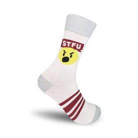 crew socks for men with large stfu emoji face design in yellow with red headband. white socks with red and gray stripes near toe.  
