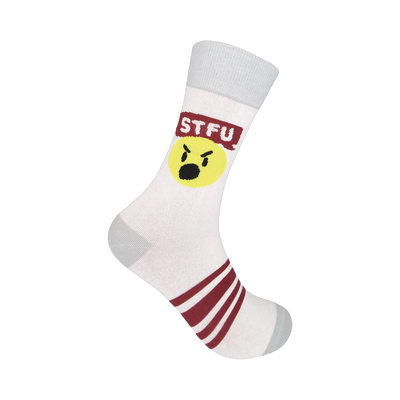 White crew socks with maroon stripes and a graphic design featuring a yellow angry face and 'STFU' in a red banner.