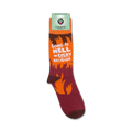 Product shot showing a pair of 'Going To Hell In Every Religion' socks on their packaging.