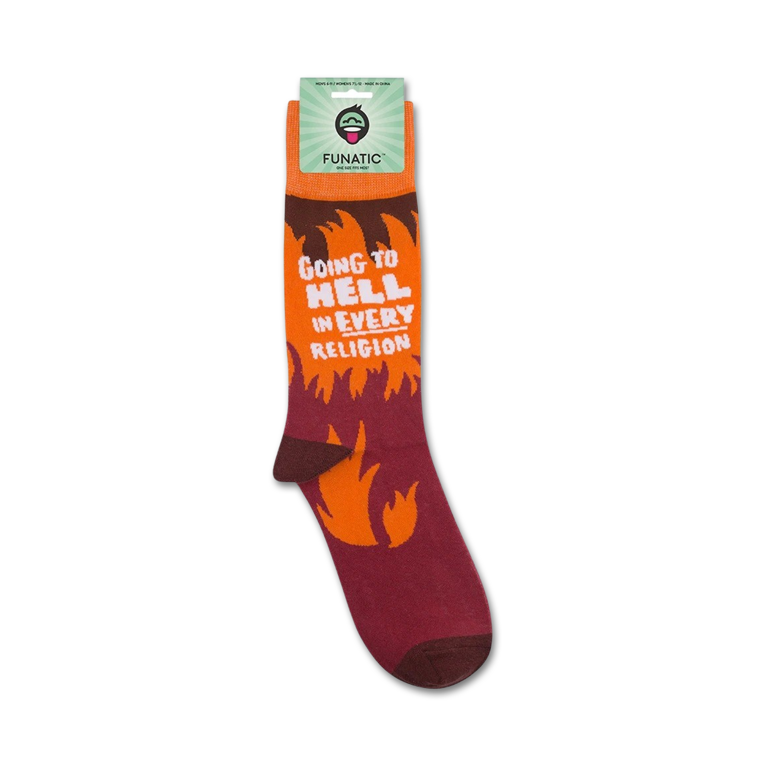 Product shot showing a pair of 'Going To Hell In Every Religion' socks on their packaging.