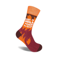 Crew socks in orange and maroon with flames and the text 'Going To Hell In Every Religion' in white.