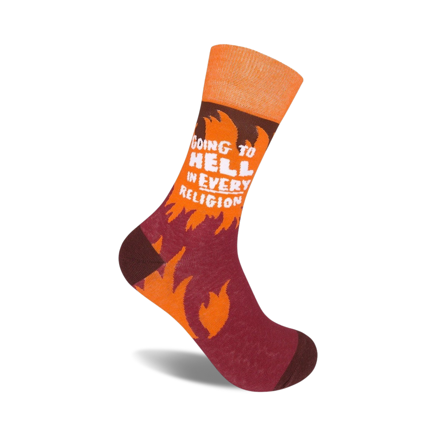 Crew socks in orange and maroon with flames and the text 'Going To Hell In Every Religion' in white.