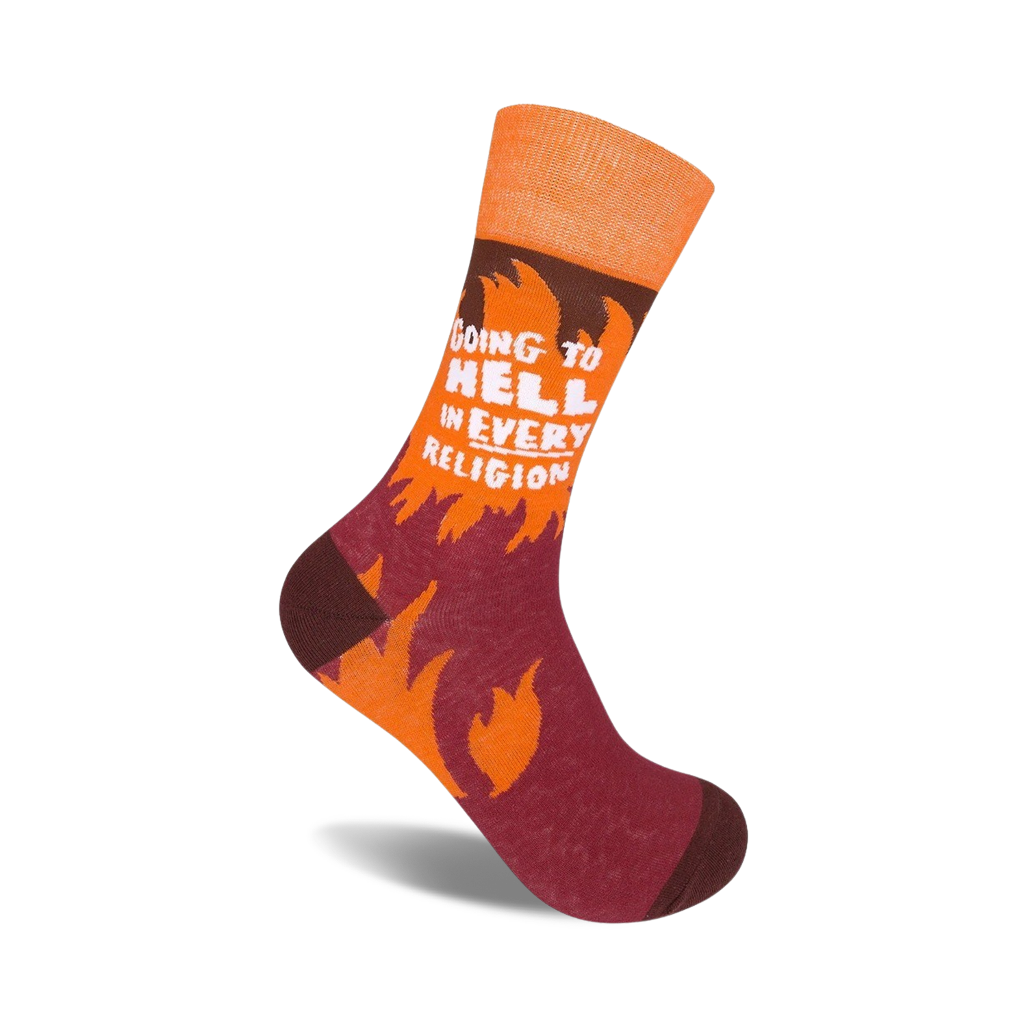 Crew socks in orange and maroon with flames and the text 'Going To Hell In Every Religion' in white.