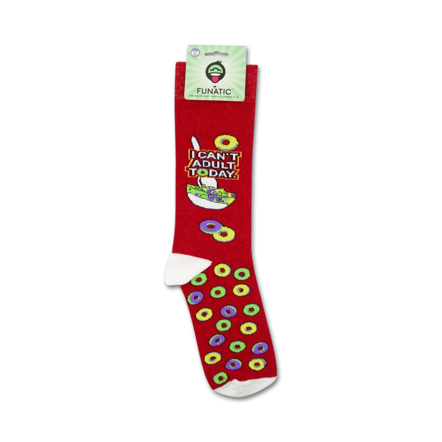 Packaging shot of 'I Can't Adult Today' socks on retail display card.