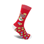 Red crew socks with 'I Can't Adult Today' text and a cereal-themed design.  Features colorful cereal rings on a red background.