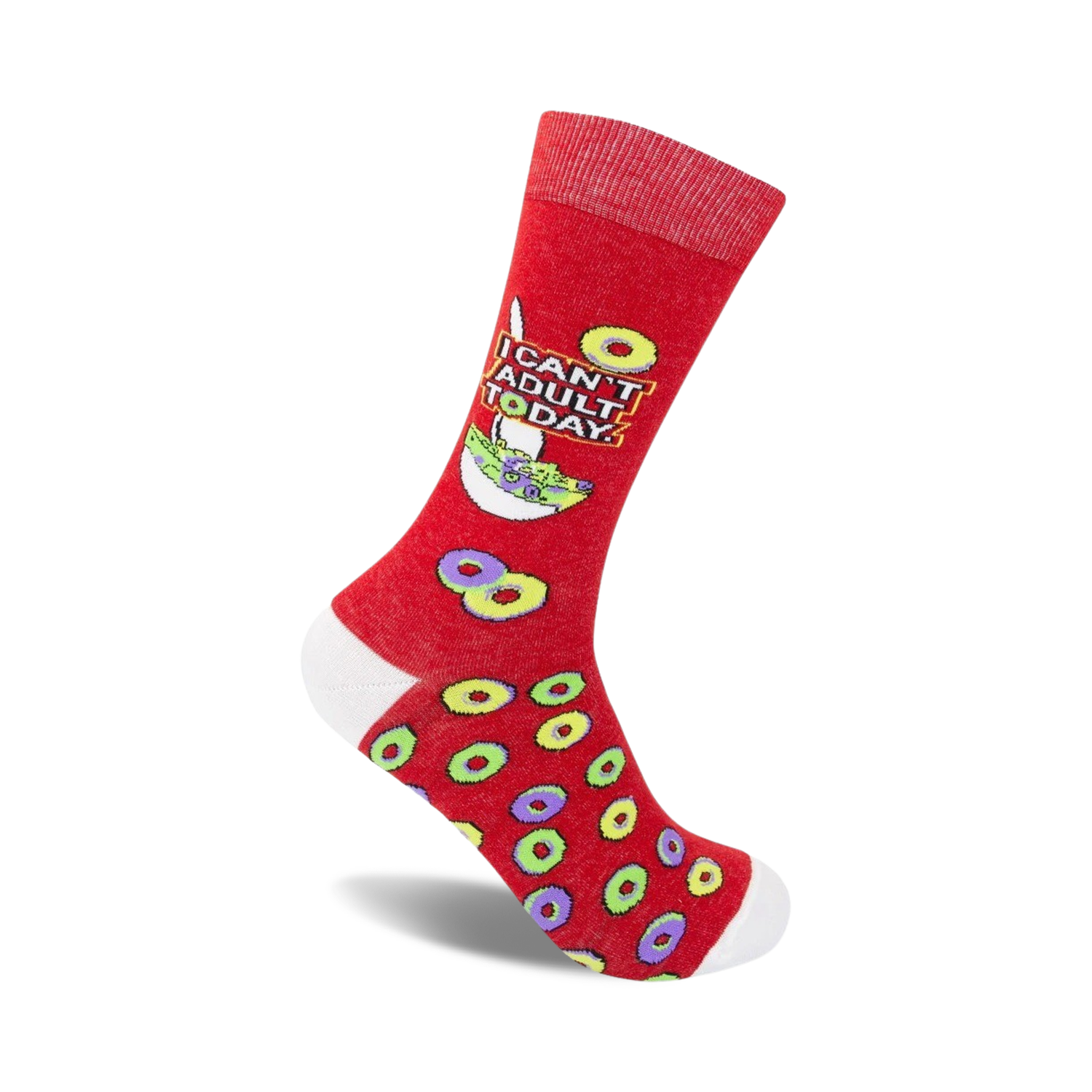 Red crew socks with 'I Can't Adult Today' text and a cereal-themed design.  Features colorful cereal rings on a red background.