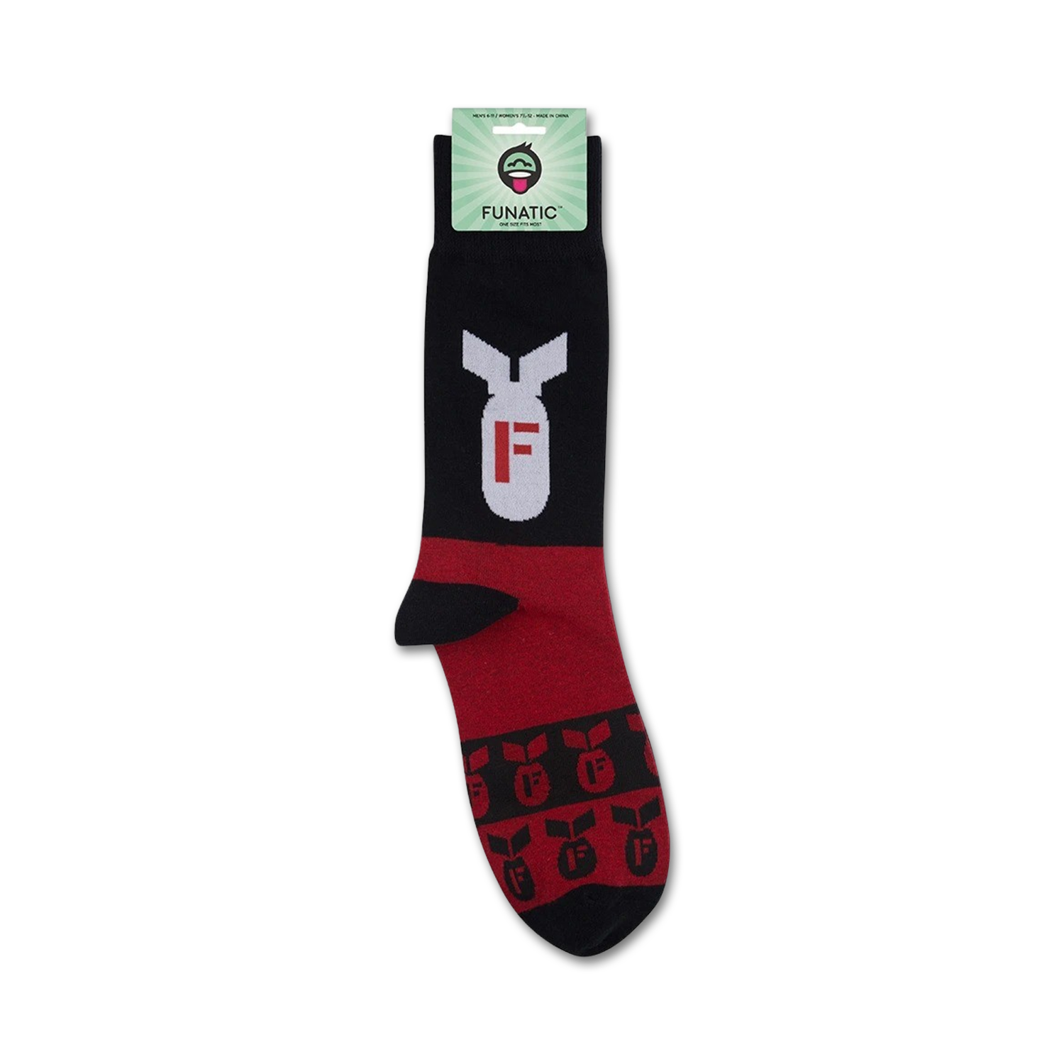 Product shot of 'F-Bomb' socks on Funatic packaging. Shows the full sock design and branding.